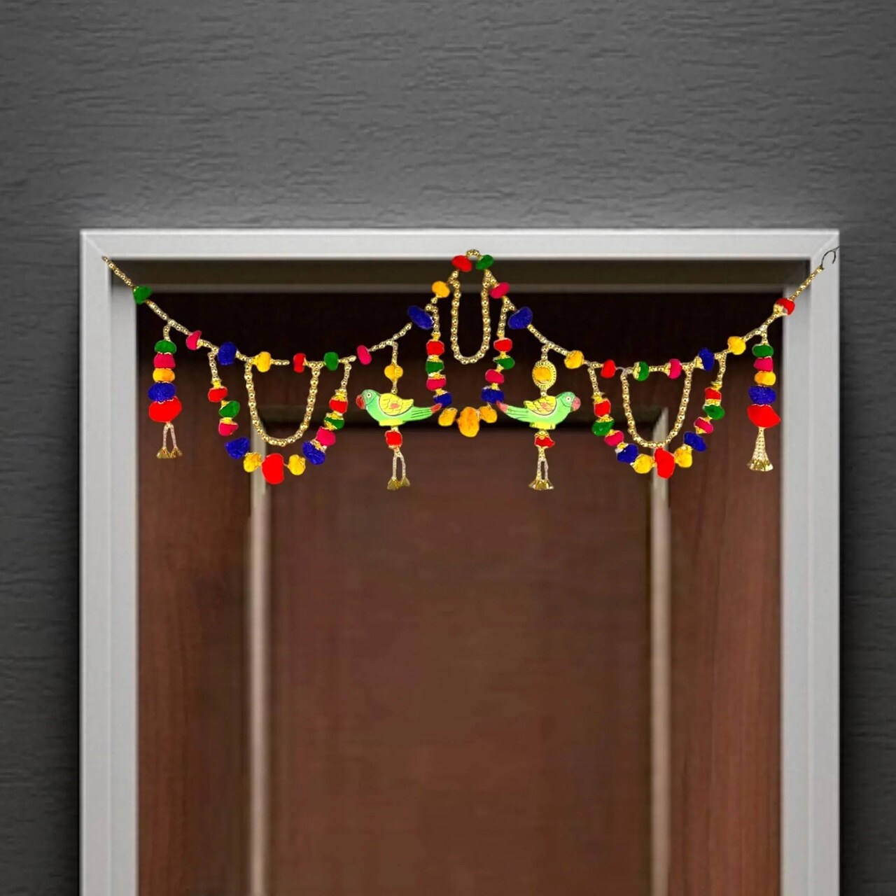 40 Inches Parrot Pompom Indian Moti Door Toran Ethnic Hanging Valance Festival Multicolor Window Bandarwal Pooja Decor Wedding Favor Diwali Decoration